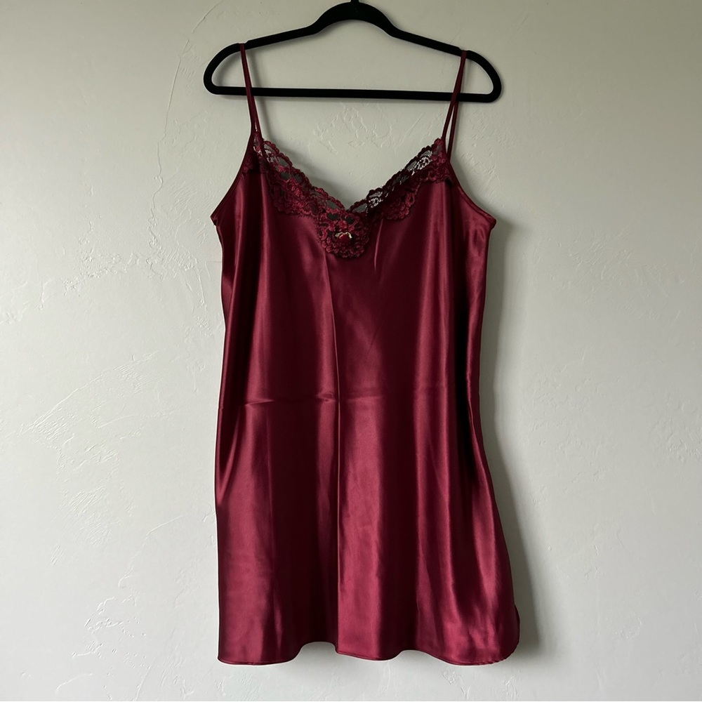 Vintage Wine Satin Slip Dress Lace Trim Rose Whimsigoth Witchy Renne Faire